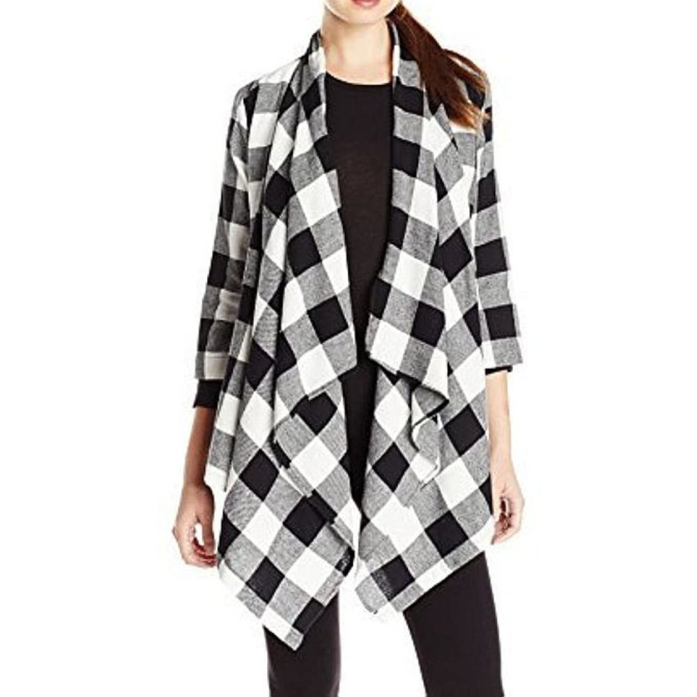 Derek Heart 3/4 Sleeve Drape-Front Cardigan Plaid Checkered Flannel Tartan Wrap